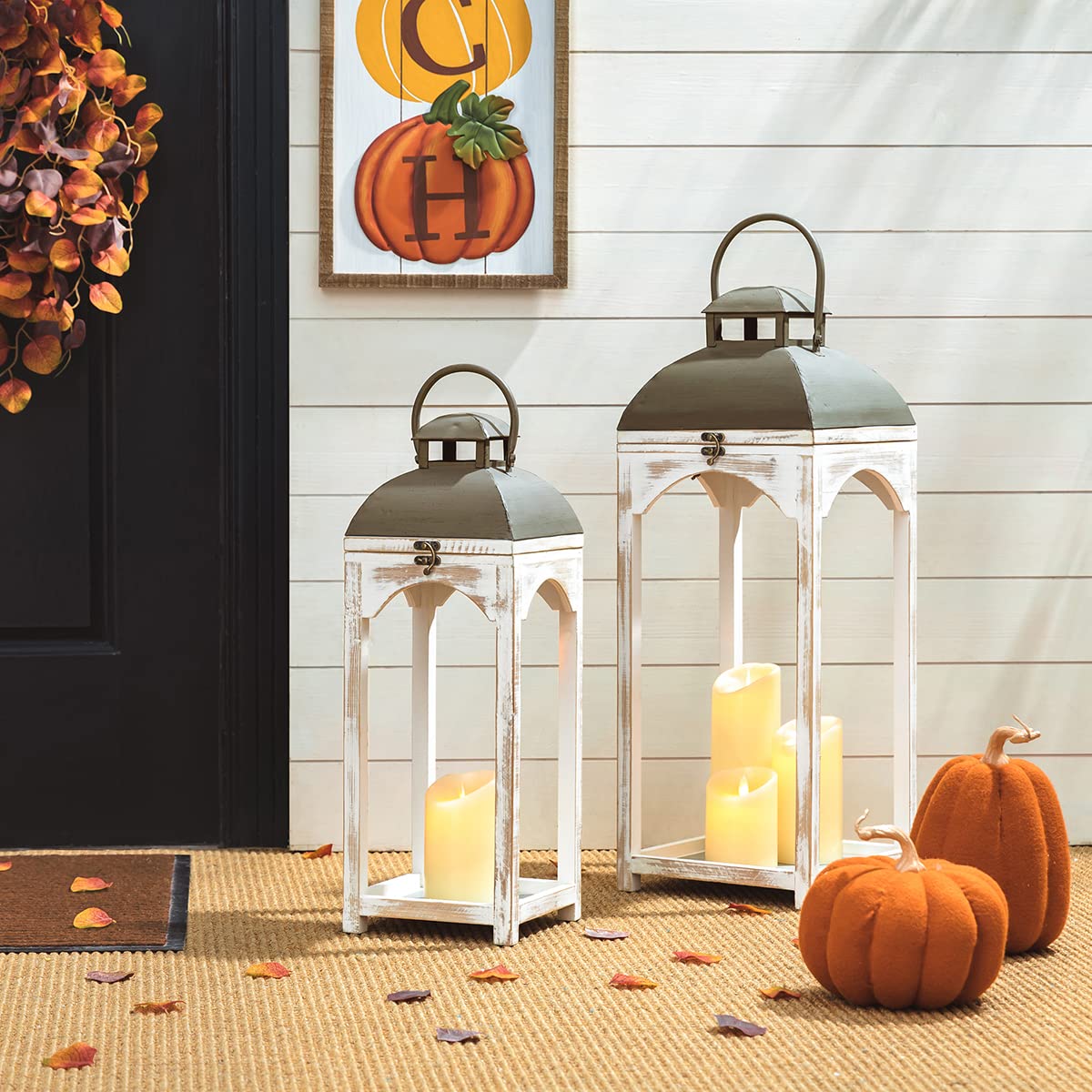 Glitzhome Lanterns Decorative Indoor, 2 Pack Mondern Farmhouse Candle Lanterns,Wooden Hanging Lanterns with Metal Top Floor Candle Lanterns for Home Décor, Weddings, Parties, Holiday (No Glass)
