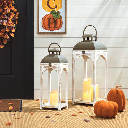 Glitzhome Lanterns Decorative Indoor, 2 Pack Mondern Farmhouse Candle Lanterns,Wooden Hanging Lanterns with Metal Top Floor Candle Lanterns for Home Décor, Weddings, Parties, Holiday (No Glass)