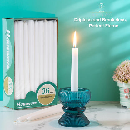 Hausware 36 Pack Taper Candles, 8 Hour Burn Time,Unscented Dripless and Smokeless, 10 inch Elegant Premium Quality Dinner Candle for Home Décor, Restaurant, Wedding, Party Candlesticks (White)