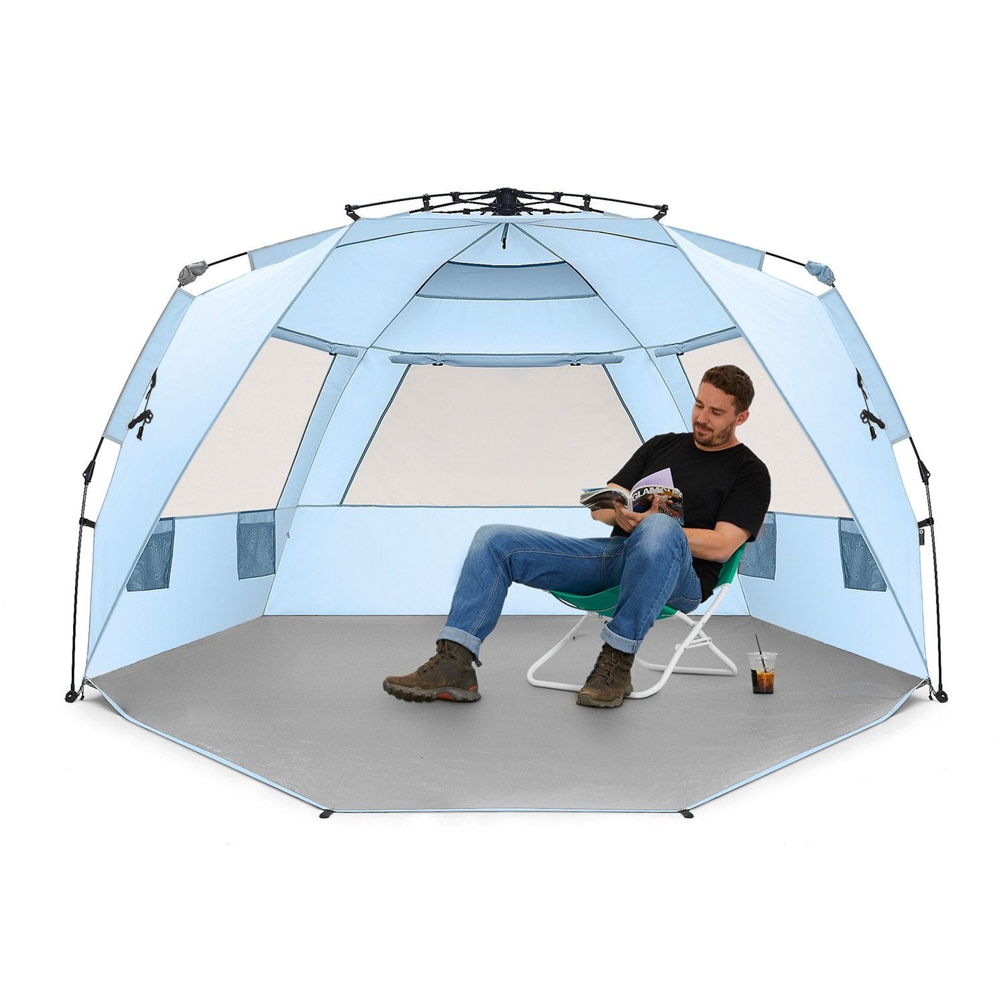 Easthills Outdoors Instant Shader Deluxe XL Beach Tent Easy Up 99" Wide for 4-6 Person Sun Shelter - Extended Zippered Porch Included Blue