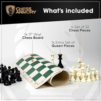 Chess Armory Roll Up Chess Set - 17 On-The-go Travel Chess Set - Vinyl Roll Up Portable Chess Board &amp 2 Extra Queens - Light and Mobile Chess Set - Play Chess Anywhere Anytime!
