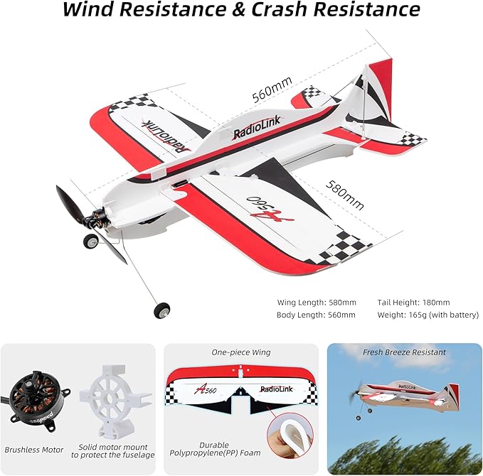 Radiolink A560 Plug &amp Play (PNP) 3D RC Airplane 580mm Wingspan with 6 Flight Modes 4 Channels Gyro Byme-A Flight Controller Brushless Motor&ampESC for Beginner &amp Experienced (No Radio/Recei