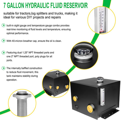 7-Gallon Hydraulic Fluid Reservoir Oil Tank For Tractors, Trucks & Log Splitters, Built-in Sight Gauge/Temp Gauge Combo, Heavy Duty Steel Construction, Horizontal-Mount