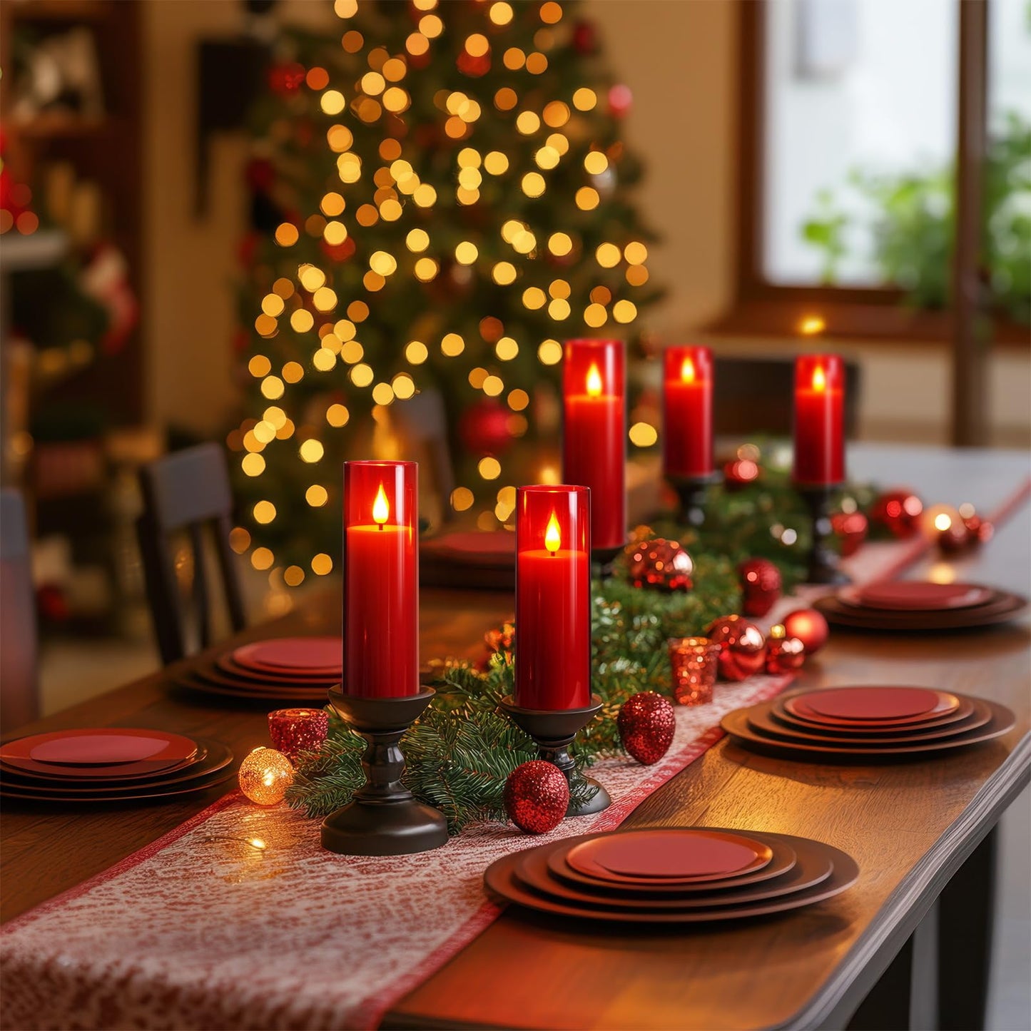 Amagic Christmas Red Flameless Candles, Battery Operated Candles with Remote and Timer, Acrylic Flickering LED Candles for Thanksgiving Decor, D2.2''xH5''6" 7", Set of 9