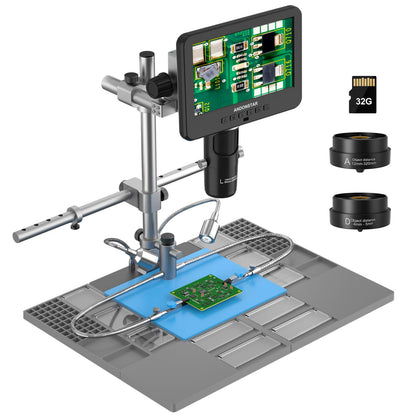 Andonstar 3 Lens 2160P UHD HDMI Digital Microscope 2000X, AD246SM-Plus Professional for PCB Circuit Board Soldering Microscope Station, Soldering Helping Hands, Tool Holder, 32G Card