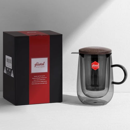 glastal Tea Infuser Mug 14.5oz Glass Tea Cup with Removable Stainless Steel Infuser and Lid, Double-walled Black Glass Tea Cup Teacup for Loose Leaf Tea, Birthday for Parents Dad Mum Friends Office
