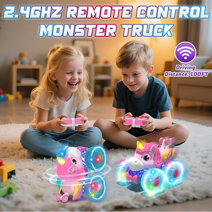Lehoo Castle Remote Control Car for Girls 360° Rotating Unicorn Monster Truck with Light &amp Music 4WD All Terrain RC Stunt Car Rechargeable 2.4GHz RC Truck for 3 4 5 6 7 8 Girls Birthday Gift