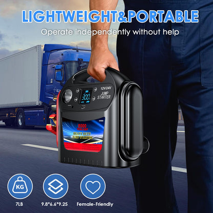 8000A 12V/24V Jump Starter for Large Gas & Diesel Engines, Heavy-Duty Portable Battery Booster Pack for Trucks, RVs & Commercial Vehicles with Force Start, Digital Display, LED Light & USB Charging