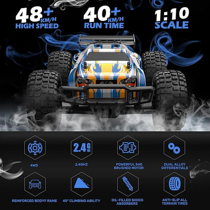 Holyton 1:10 Large High Speed Remote Control Car with LED Shell Lights 48+ KM/H 4WD Offroad Monster Truck for Adults &amp Kids Hobby RC Truck Vehicle 2 Battery Crawler Toy Gift for Boy