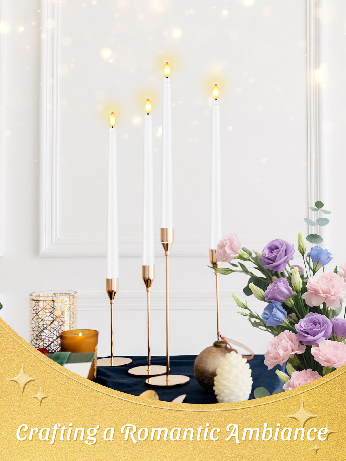 Warmhere 12 Pcs Flameless Taper Candles with Remote Timer, 11" Long Battery Operated Taper Candles, Flickering 3D Flame, Plastic Fake LED Candlesticks for Home Wedding Party Holiday Decor, White