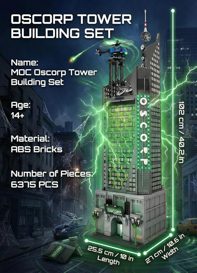 Spider Oscorp Tower Building Set for Adults - 40 Inch Tall Hero Tower Modular Building with Light &amp Helicopter Movie Daily House Architecture Gift for Christmas Collectors (6375 Pcs)