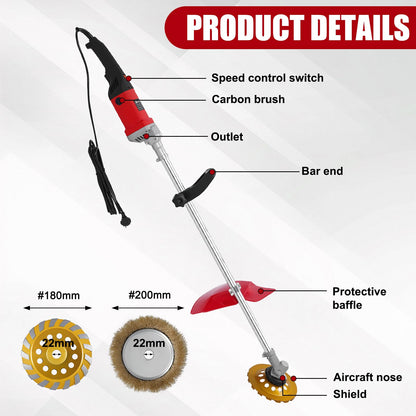 Electric Multifunctional Concrete Grinder & Burnishing Machine 6 Speed Adjustable 110V Heavy Duty Grinder for Floor Polishing,Wall Grinding,Metal Derusting with 180mm Diamond Disc &200mm Wire Brush