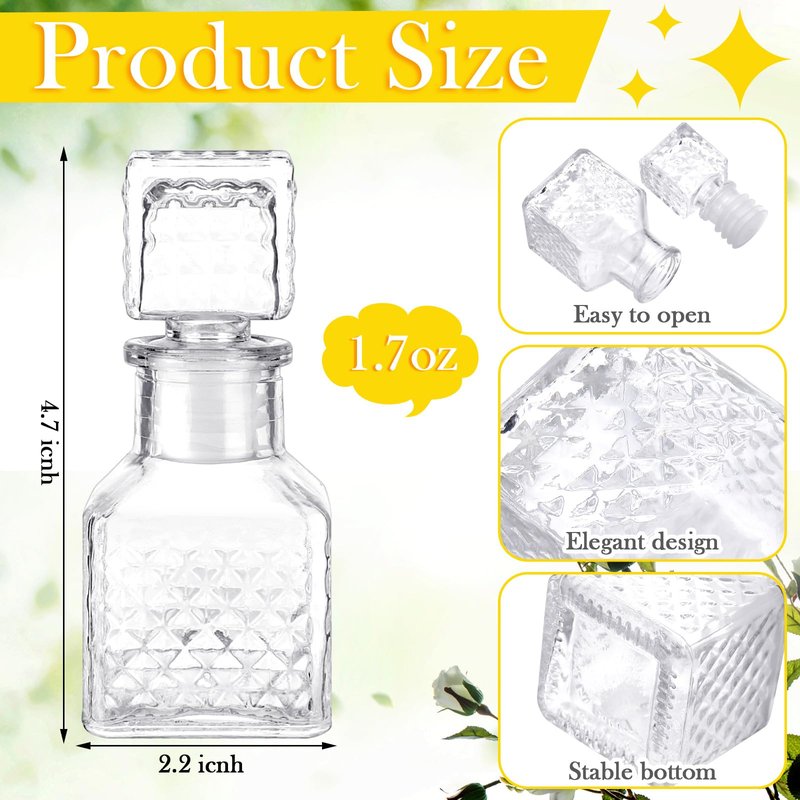 Chuangdi 24 Pcs Mini Glass Wine Bottles 1.7oz Glass Patron Bottles with Stopper Decorative Tequila Bottle for Whiskey Vanilla Extract Champagne Wedding Baby Shower Party Favors(Square Style)