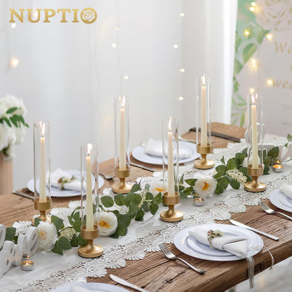 NUPTIO Hurricane Glass Candle Holder: Set of 10 Metal Taper Candle Holders with Sleeves - Gold Candlestick Holders Bulk for Outdoor Party Wedding Table Centerpiece Decoration
