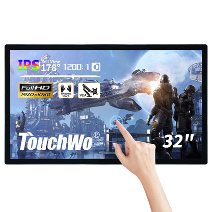 TouchWo 32 inch Capacitive Multi-Touch Screen Industrial Monitor, 16:9 Display 1920 x 1080P, Built-in Speakers, USB, VGA, DVI & HD-MI Ports, Digital Signage Displays and Player for Advertising