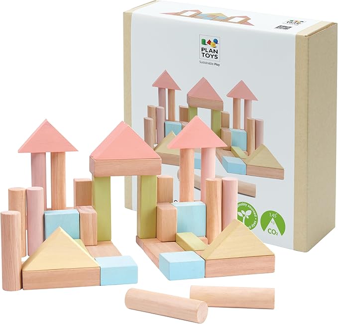 PlanToys 40 Piece Unit Block Building and Construction Block Set (5507) | Pastel Color Collection |Sustainably Made from Rubberwood and Non-Toxic Paints and Dyes