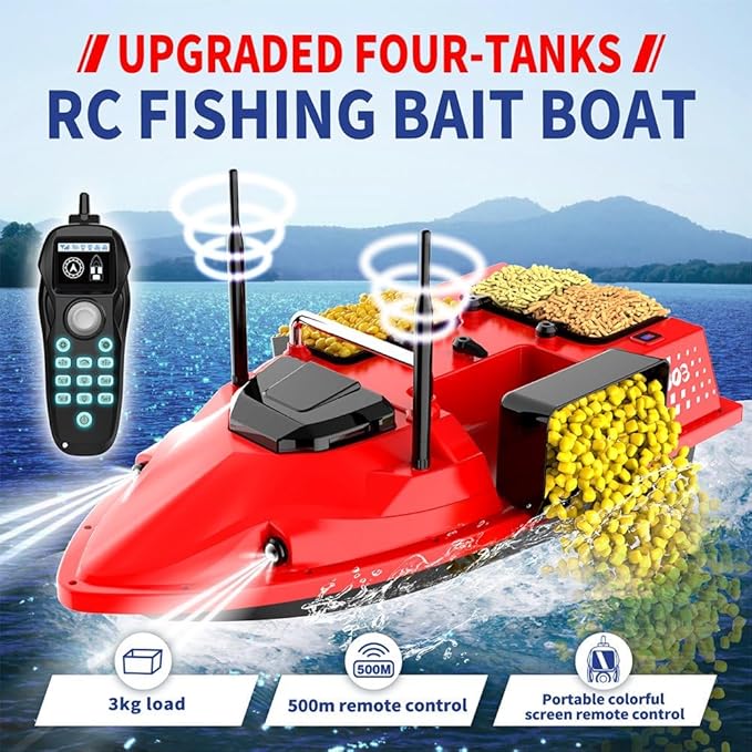 RC Bait Boat for Fishing with 4 Boxes Dual Antena and 18000mAh Battery for 500M Long-Range Bait Boat with LED Light Hook Release High-Definition Color Screen Remote Control