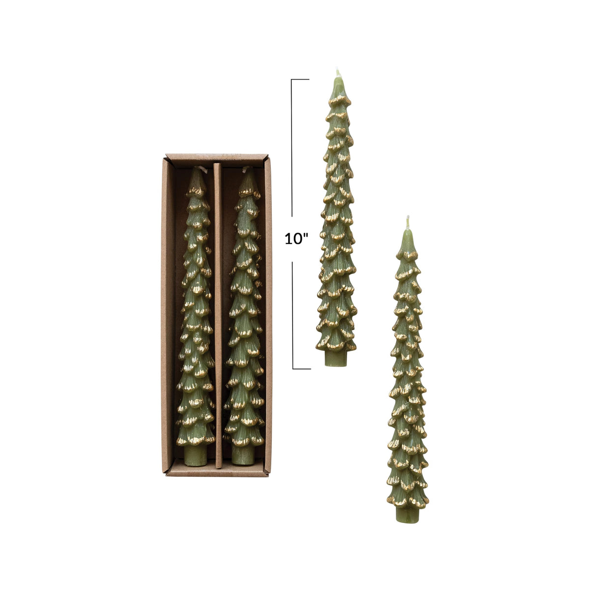 Creative Co-Op Golden-Tipped Elegance Tree Shaped Taper Candles, Evergreen, Set of 2
