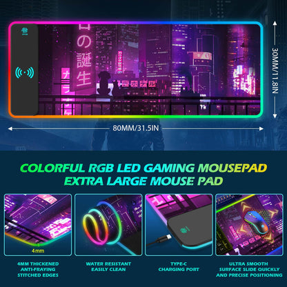 ToLuLu RGB Gaming Wireless Charging Mouse Pad, 5/7.5/10/15W 10 Light Modes LED Mouse Pad Computer Keyboard Mat Mousepad, 800x300x4MM Extended Large Desk Mat for Gaming, MacBook, Laptop, PC, Galaxy