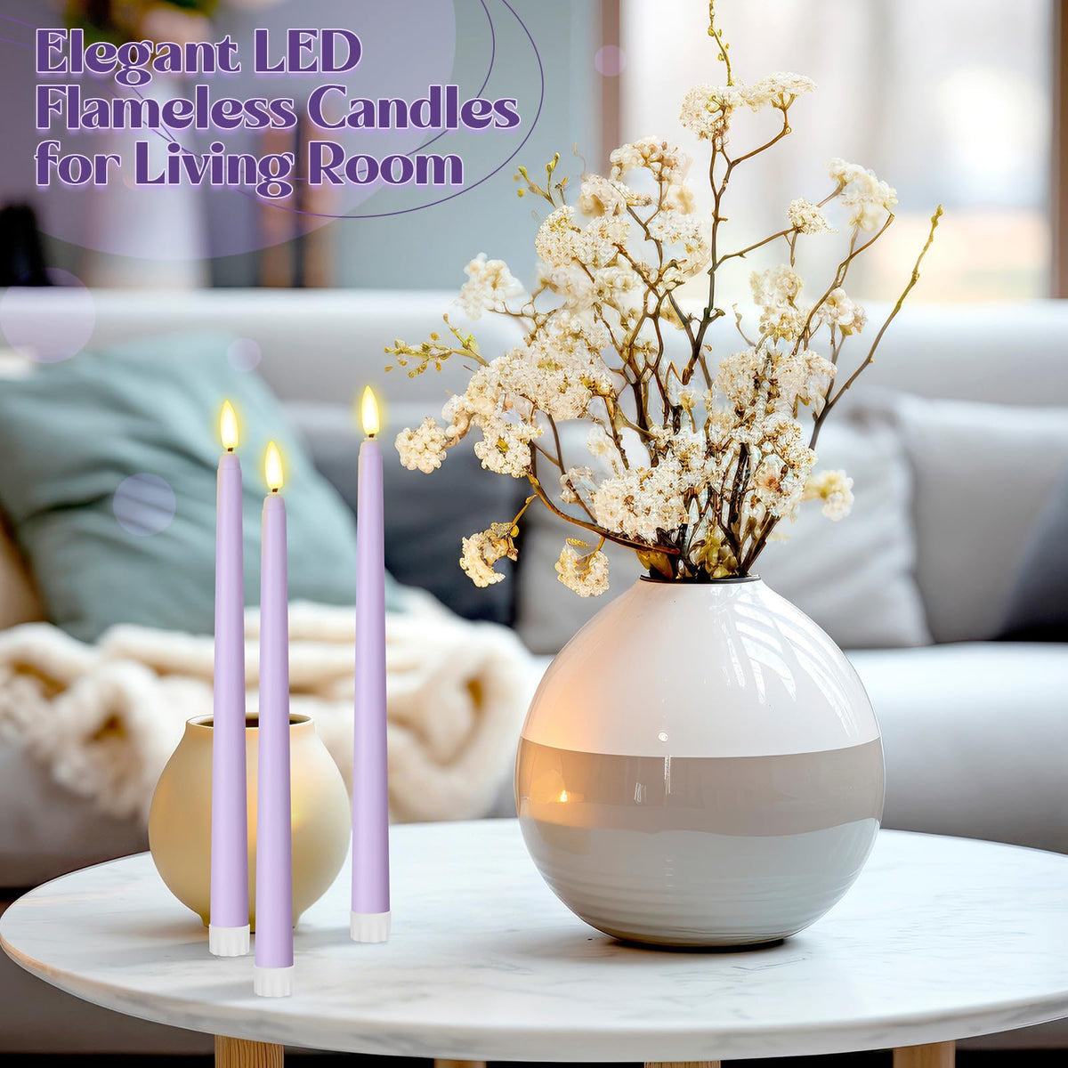 Macarrie 24 Packs Flameless Taper Candles Battery Operated Fake 11 Inch Long Candlelight LED Flameless Candlesticks Flickering Tapered for Spring Summer Wedding(Lavender Purple)