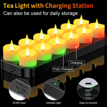 YiaMia Upgraded Rechargeable Tea Lights 12 Pack, Flameless Tea Light Candles with Charging Base and Remote & 24H Timer - Can Last 100+ Hours Battery Candles for Votive, Wedding, Halloween, Christmas