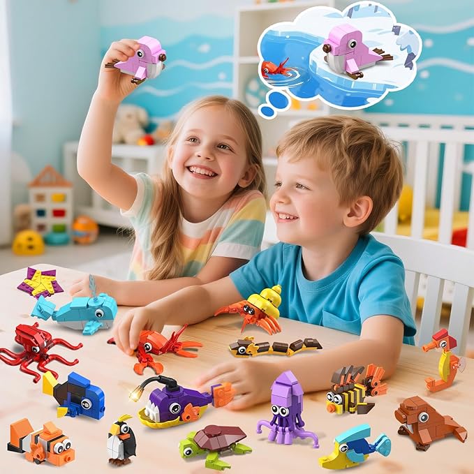 30 Pack Animals Easter Party Favors For Kids 824PCS Marine Animal Building Block Sets for Easter Basket Fillers Goodie Bags Stuffer Classroom Prizes Stocking Stuffers Birthday Gifts for Boys Girls 6+