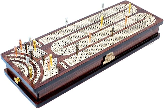 House of Cribbage - Continuous Cribbage Board/Box Inlaid in Rosewood/Maple : 4 Track - Side Drawers with Score Marking Fields for Skunks Corners and Won Games