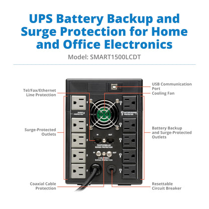 Eaton Tripp Lite Series SMART1500LCDT 1500VA UPS Battery Backup Computer Uninterruptible Power Supply Units & Surge Protector, 900W, 10 Outlets, AVR, LCD Screen, 3 Year Warranty & $250,000 Insurance