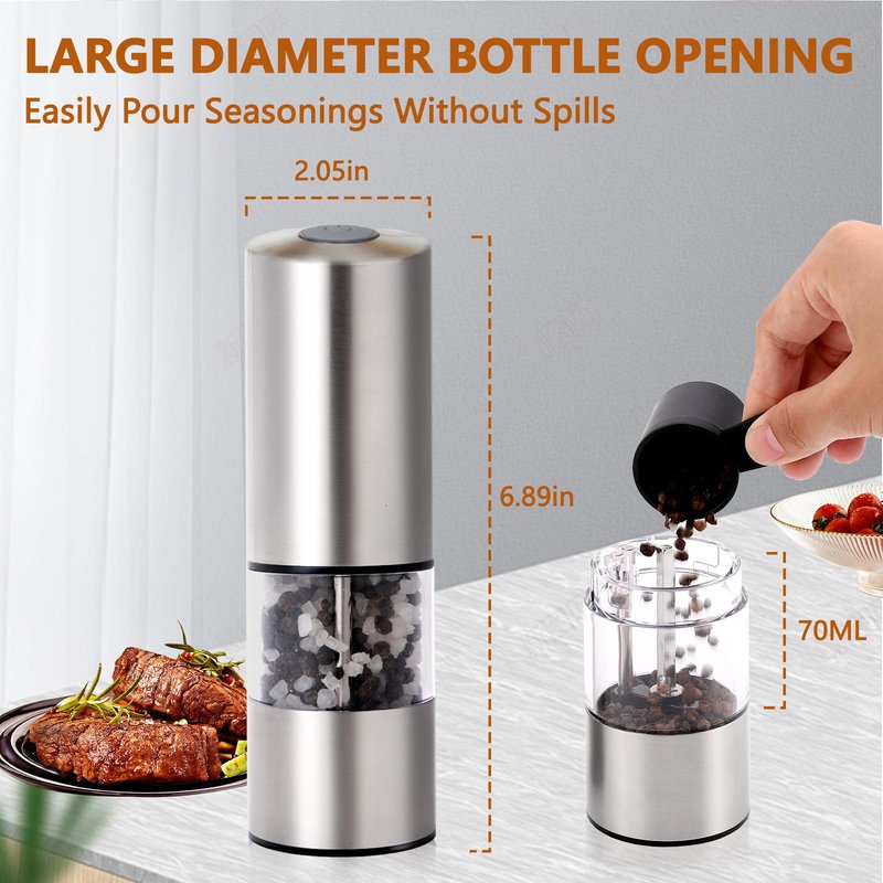 Electric Salt and Pepper Grinder Set, Automatic Battery Pepper Mill Shakers with Upgraded Larger Capacity,Stainless Steel Automatic Pepper Mill,Adjustable Ceramic Core, Dust Cover, 2 Pack