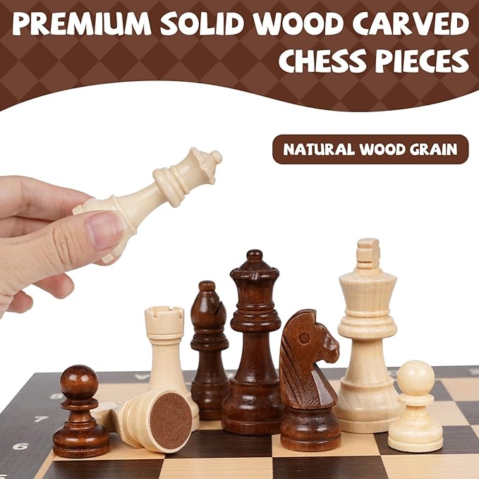15 Magnetic Wooden Chess Set for KidsAdults &amp Beginners with 3 King &amp 2 Extra Queens – Portable Folding Travel Chess Board with Storage – Classic Strategy Game