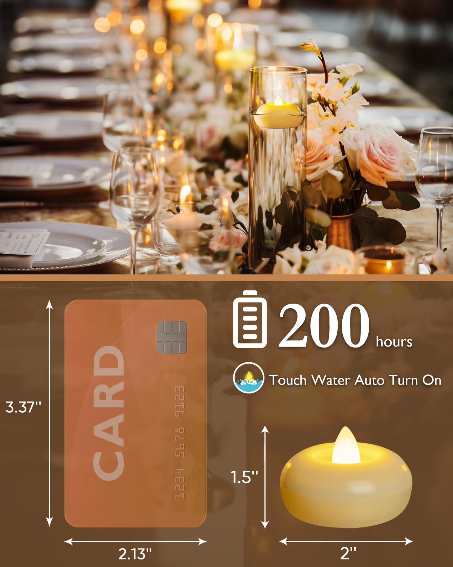 Homemory 12 Pack 2” Flameless Led Floating Candles, 200 Hour Battery Operated Flickering Waterproof Tealights for Cylinder Vases, Centerpieces at Wedding, Party, Pool, Holiday (Ivory Base)