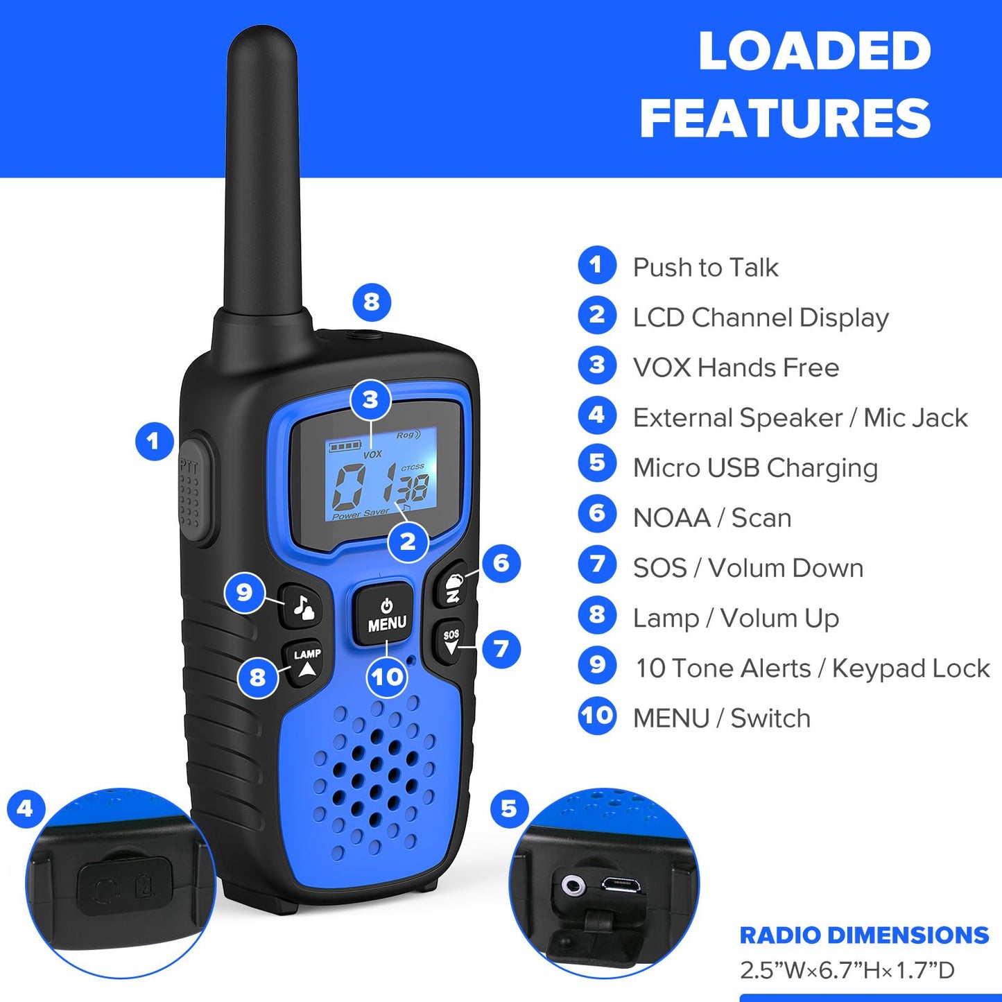 Wishouse Walkie Talkies for Adults Long Range-Rechargeable 4 Pack 2 Way Radios, Hiking Accessories Camping Gear Xmas Birthday Gift for Kids Family with Lamp,SOS Siren,NOAA Weather Alert,Easy to Use