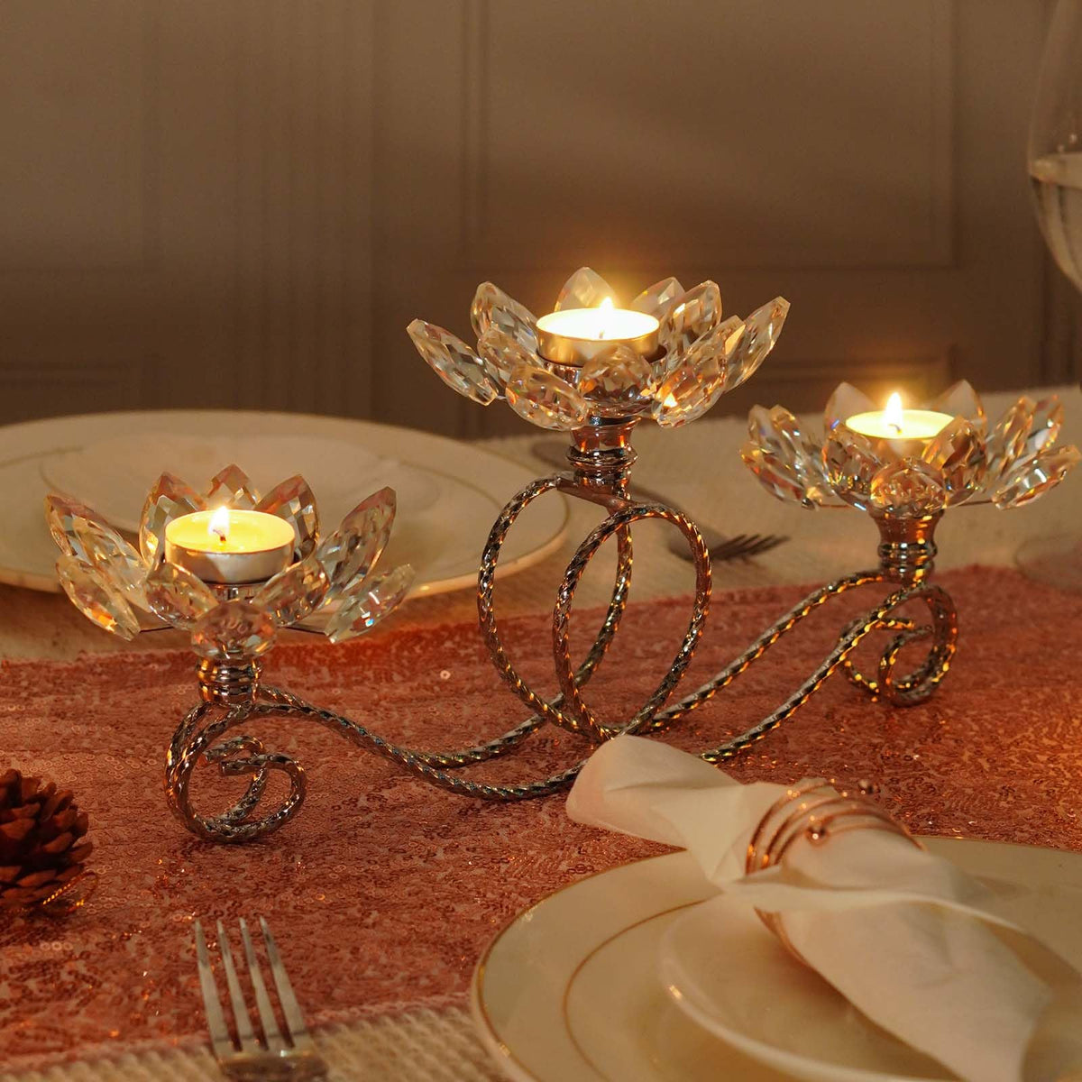 2Pcs Siver Kehail Crystal Metal Tea Light Candle Holder Set, 3-Arm Flower Shaped Crystal Votive Candlestick Holders for Table Centerpiece, Wedding Shower, Party and Home Decor