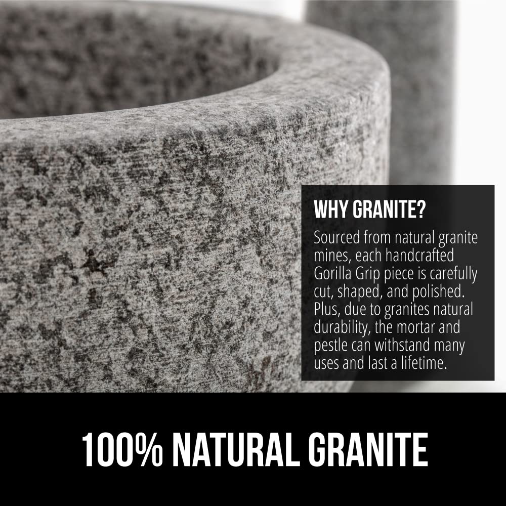 GORILLA GRIP Heavy Duty Mortar and Pestle Set with Slip Resistant Base, 100% Granite Stone Molcajete Guacamole Bowl, Grind Seeds Spices, Crush Garlic, Kitchen Muddler for Fresh Herbs, 1.5 Cup, Gray