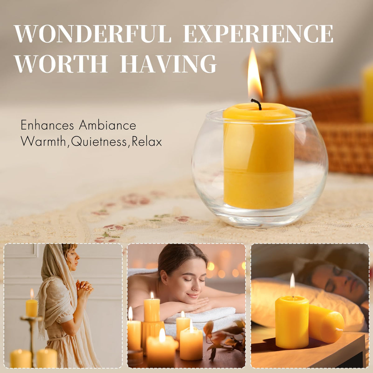 GINITIRI Natural Beeswax Votive Candles,11-12 Hours Unscented Votive Candles Bulk,6 Pack Beeswax Candle for Prayers,100% Pure Bees Wax Candles for Spa Relax