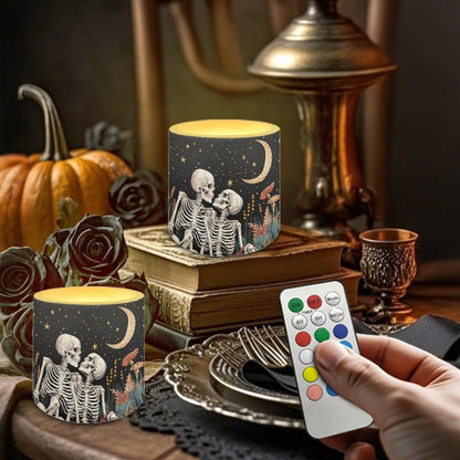 Merkmak Pack of 4 Flameless Candles Battery Operated Candles with Remote and Timer Flickering LED Elictric Pillar Tealights for Indoor Outdoor Decorations, Moon Skeleton