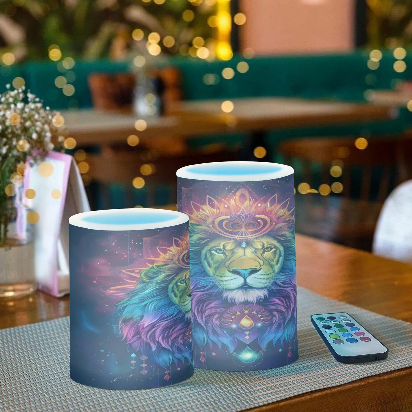 BOENLE Flickering Flameless Candles, Lion Bohemian LED Candles with Remote Timer, Set of 2 Battery Operated Candle for Valentine Wedding Birthday