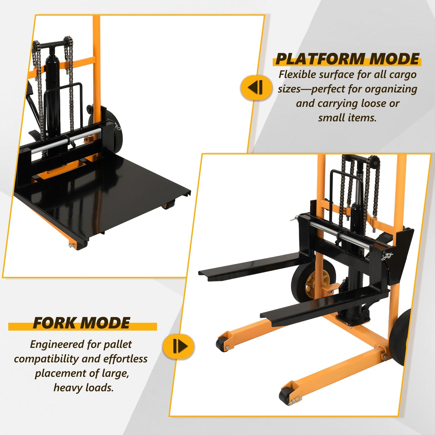 Manual Hydraulic Pallet Stacker – 43.3” Lift Height, 440 lbs Capacity, Adjustable Forks, 2-in-1 Forklift & Flatbed Cart for Warehouse, Retail, Garage
