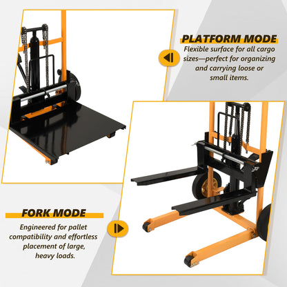 Manual Hydraulic Pallet Stacker – 43.3” Lift Height, 440 lbs Capacity, Adjustable Forks, 2-in-1 Forklift & Flatbed Cart for Warehouse, Retail, Garage