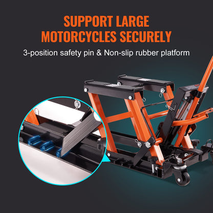 VEVOR Hydraulic Motorcycle Lift Jack 1500 LBS Capacity ATV Scissor Lift Jack Portable Motorcycle Lift Table with 4 Wheels Hydraulic Foot-Operated Hoist Stand for Motorcycle ATV UTV Powersports