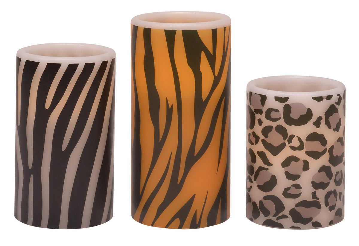 Mark Feldstein & Associates Wild Animal Print Flameless LED Pillar Candles, Set of 3, 6 Inch, Zebra, Tiger, Leopard