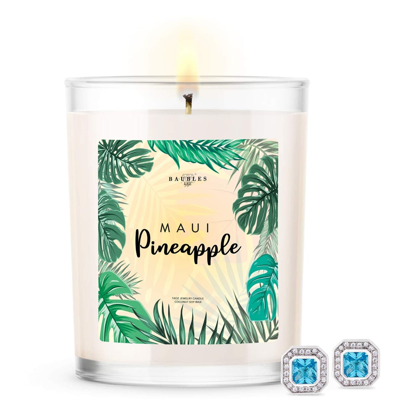 Kate Bissett Baubles Maui Pineapple Scented Premium Candle and Jewelry with Surprise Earring Inside | 10 oz Large Candle | Made in USA | Parrafin Free