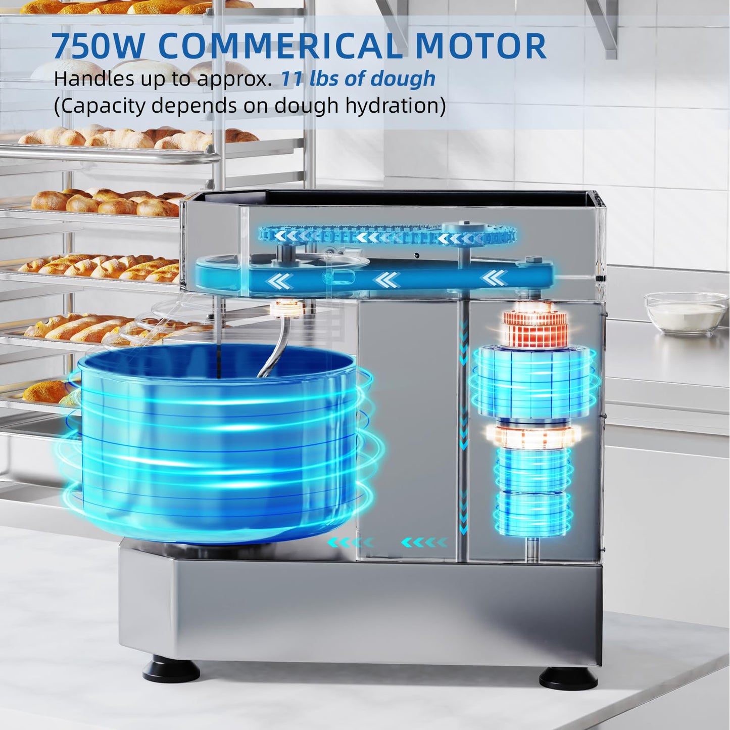 BLEOU Commercial Dough Mixer 10.5 Qt – 750W Spiral Dual Speed & Dual Action Mixer with Timer, Food-Grade Stainless Bowl & Safety Shield – Industrial Kitchen Mixer for Bakery, Pizzeria & Restaurant