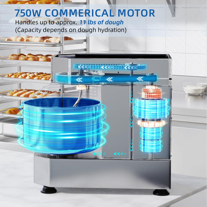 BLEOU Commercial Dough Mixer 10.5 Qt – 750W Spiral Dual Speed & Dual Action Mixer with Timer, Food-Grade Stainless Bowl & Safety Shield – Industrial Kitchen Mixer for Bakery, Pizzeria & Restaurant