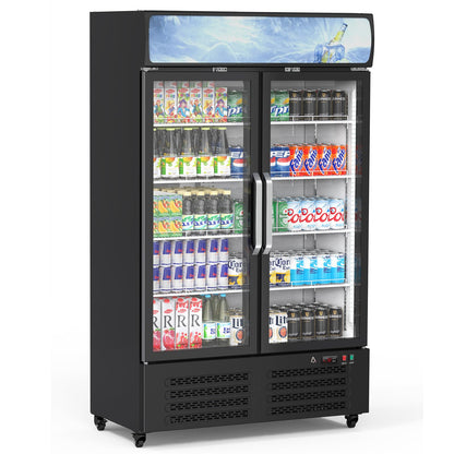 GAOMON Commercial Refrigerator, Commercial Beverage Display Cabinet with LED Top Panel, 32-50°F Adjustable, 25.3 Cu Ft Double Glass Door Merchandiser Fridge for Restaurant, Convenience Store, Black