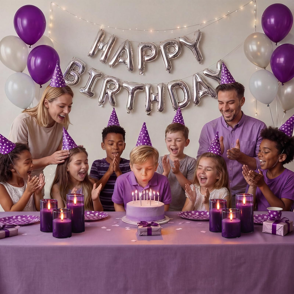 Homemory Purple Glass Flameless Candles, Battery Operated LED Pillar Candles with Remote Control and Timer, Radiance Candles, Real Wax, Set of 3,D3 xH4 5" 6"