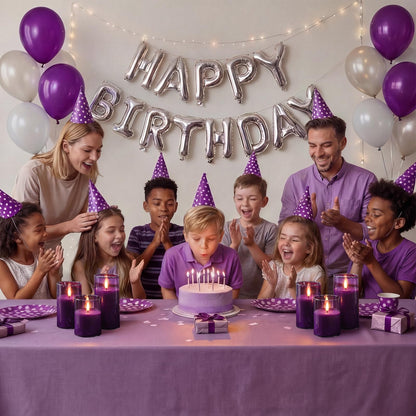 Homemory Purple Glass Flameless Candles, Battery Operated LED Pillar Candles with Remote Control and Timer, Radiance Candles, Real Wax, Set of 3,D3 xH4 5" 6"