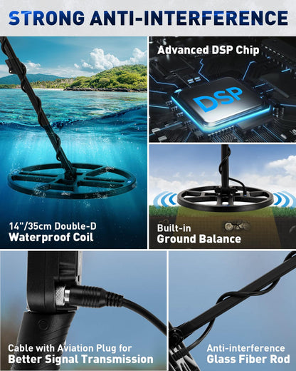 Hazlewolke 14'' Metal Detectors for Adults, Waterproof Double-D Search Coil, Professional Metal Detector with Pinpoint Mode, 13 inch Detection Depth, 4 Modes