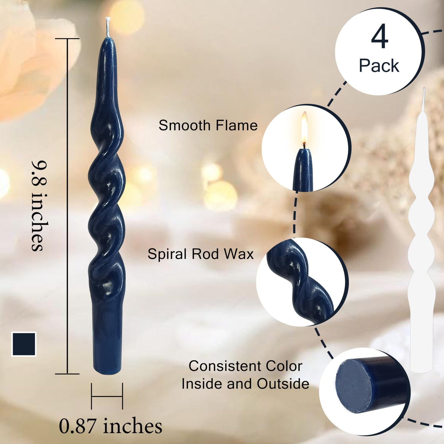 10 Inches Spiral Taper Candles Sticks Navy Blue Twisted Candle Dripless Unscented Long Candles, Handmade Candlesticks for Wedding Dinner Decor, Set of 4