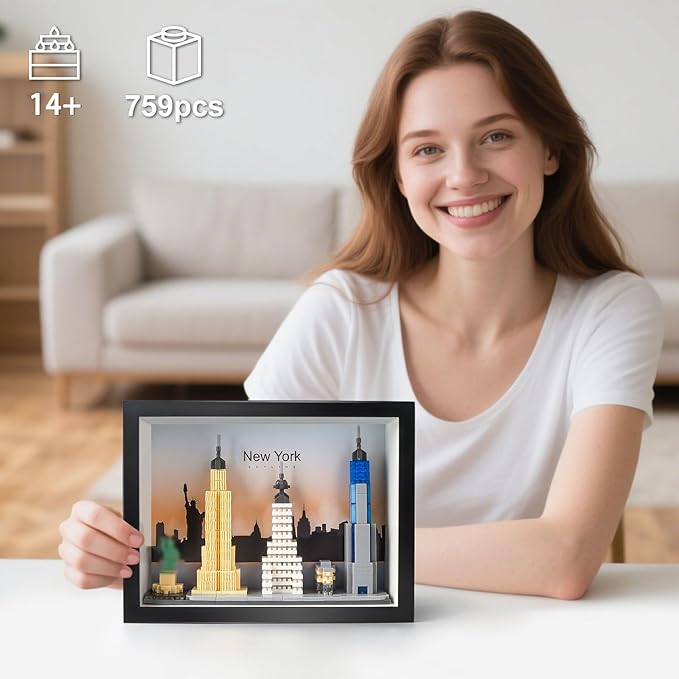 New York City Skyline Micro Block Building Set World Famous Architecture Model 3D Wall Art Home Office Décor Landmarks Collectible Model Kit Toy Gift for Adults Teens 14+ (759PCS)